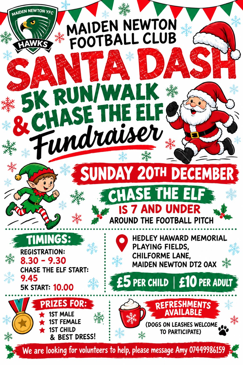 Santa Dash flyer — Sunday 20 December, 5K and Chase the Elf, Maiden Newton Youth FC